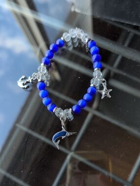 Blue Cat eyes Beaded Charm Bracelet with Shell Swordfish, Anchor & Starfish